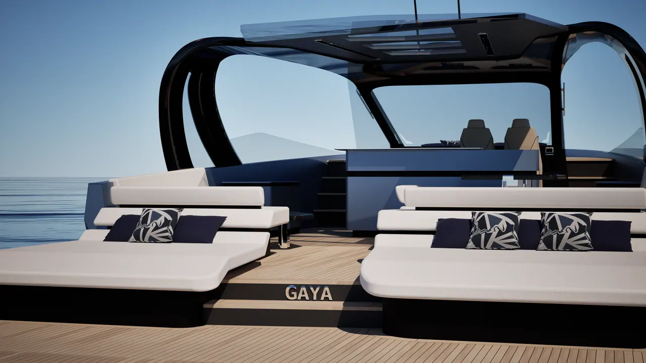 Gaya 58 aft deck with sun pads under the arched hardtop