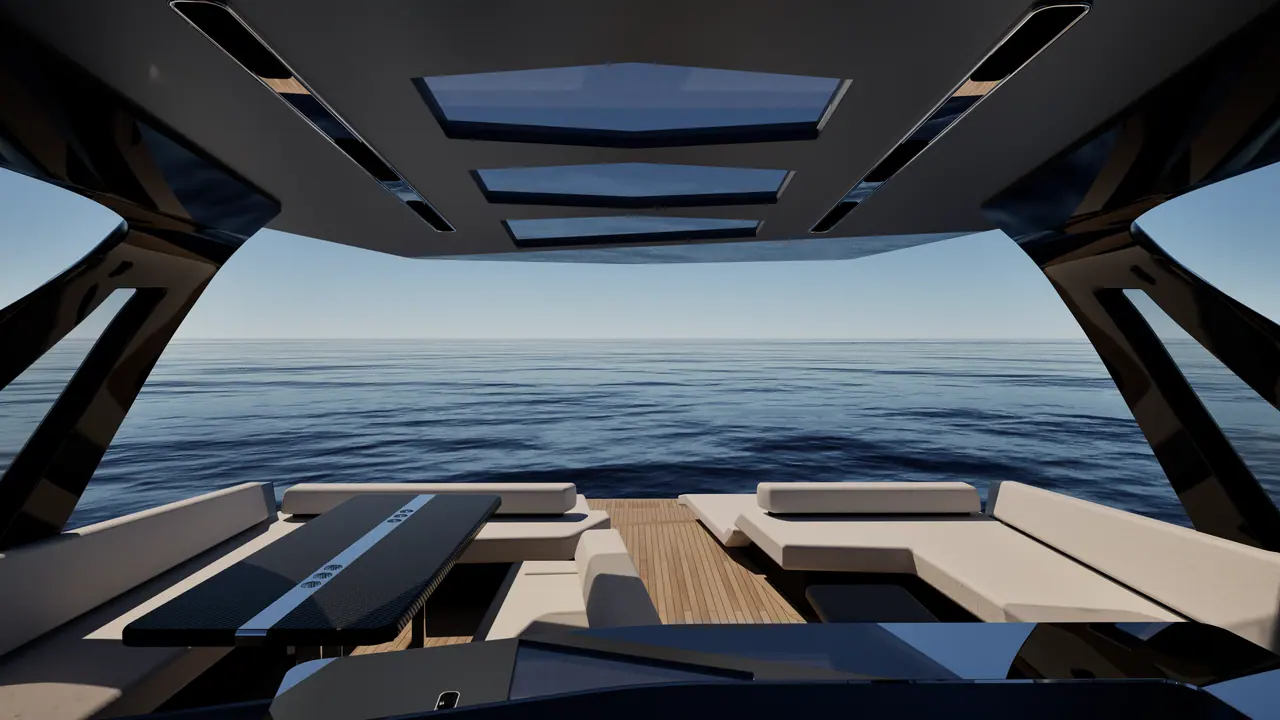 View beneath the Gaya 58 hardtop looking forward to the sea
