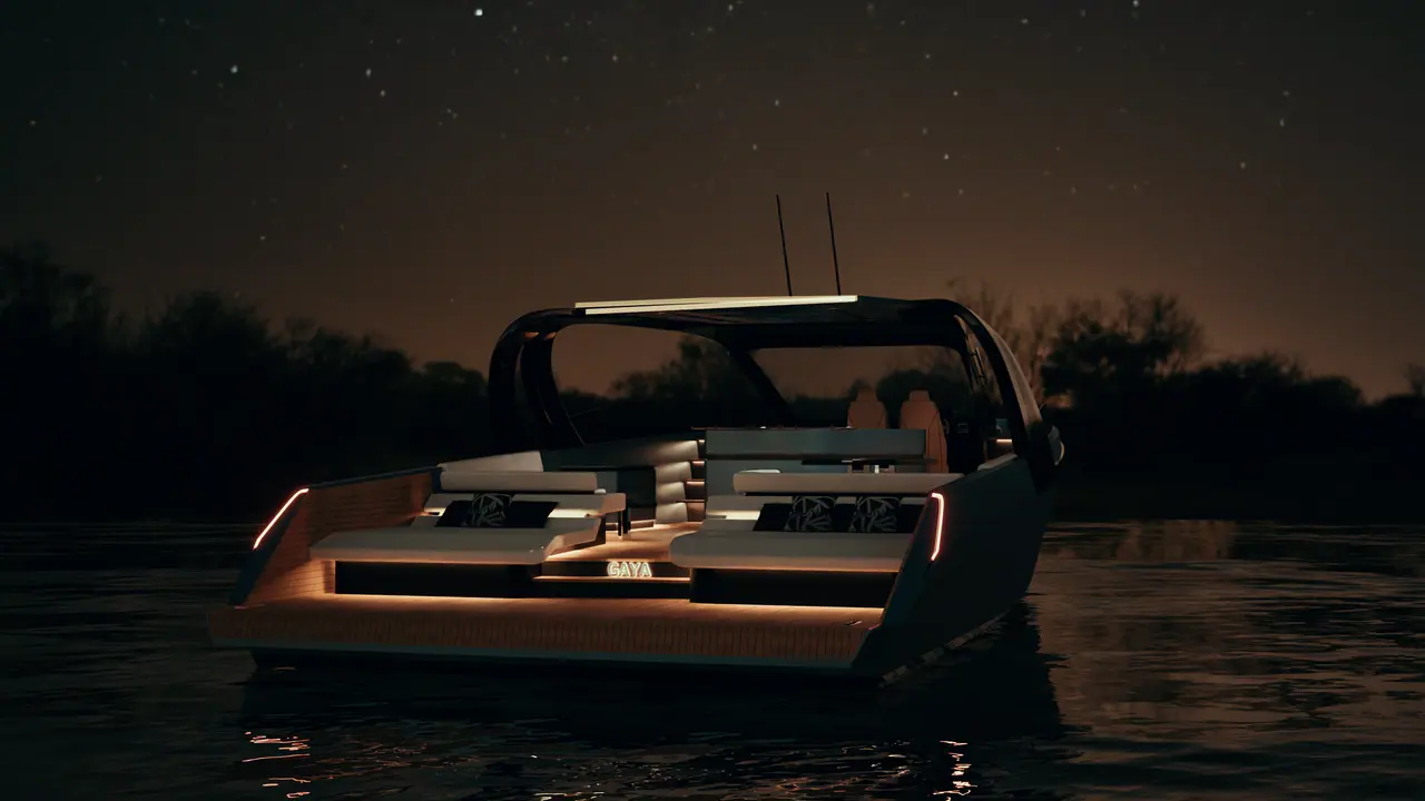 Gaya 58 at night with integrated deck lighting