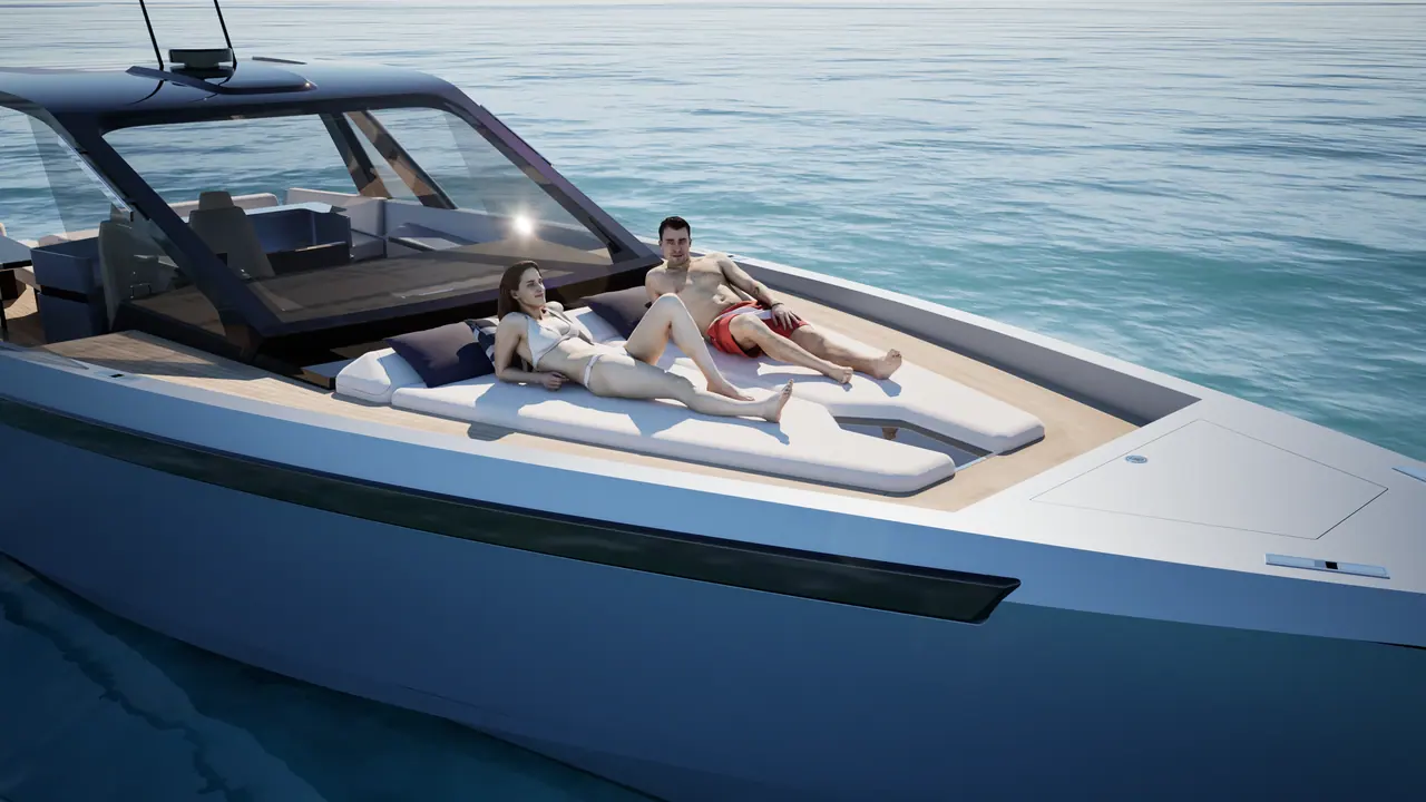 Guests relaxing on the Gaya 58 bow sun pads