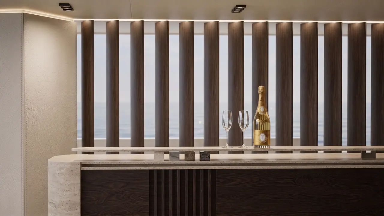 Velado bar with vertical timber slats and travertine counter