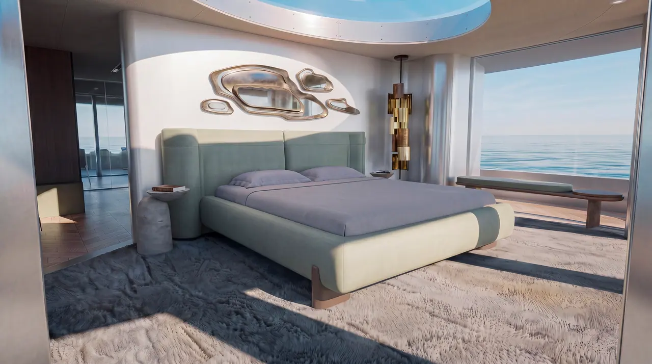 Velado owner’s suite with sculptural wall piece and sea view