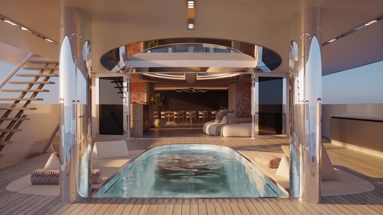 Velado main deck pool framed by a curved portal