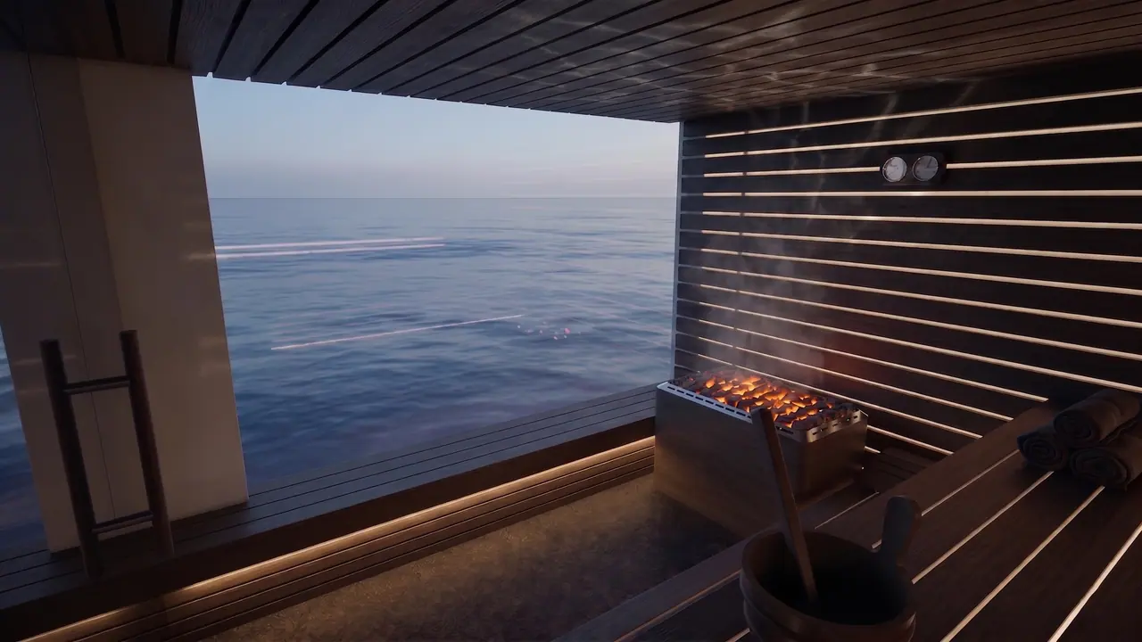 Velado sauna with a full-height sea view