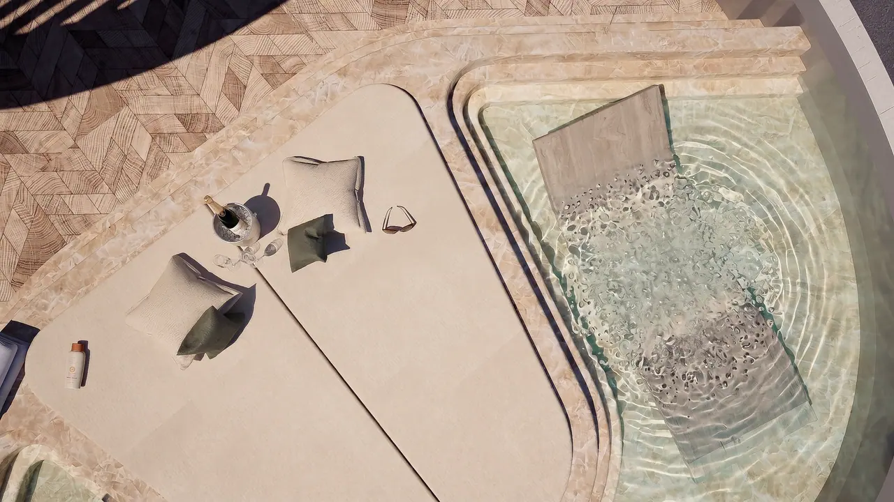 Detail of the Velado sun deck pool and stone surround from above