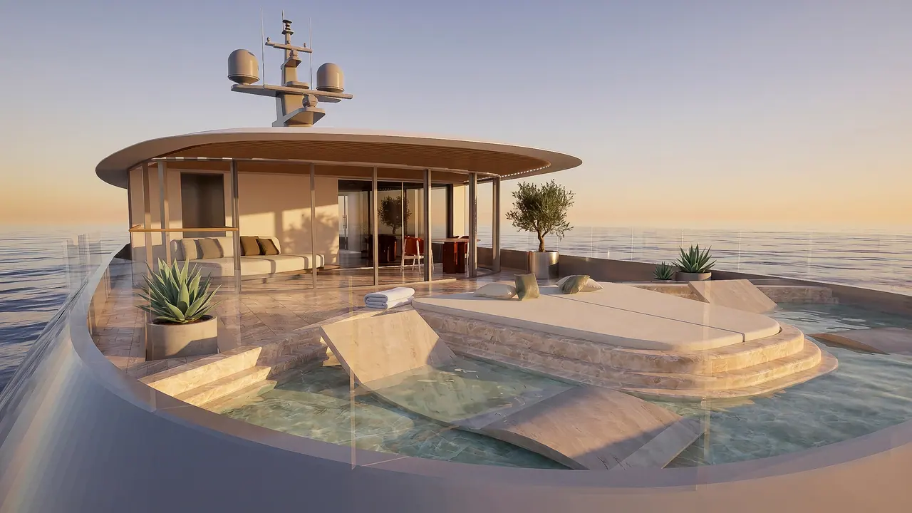 Velado sun deck pool terrace under a circular canopy at dusk