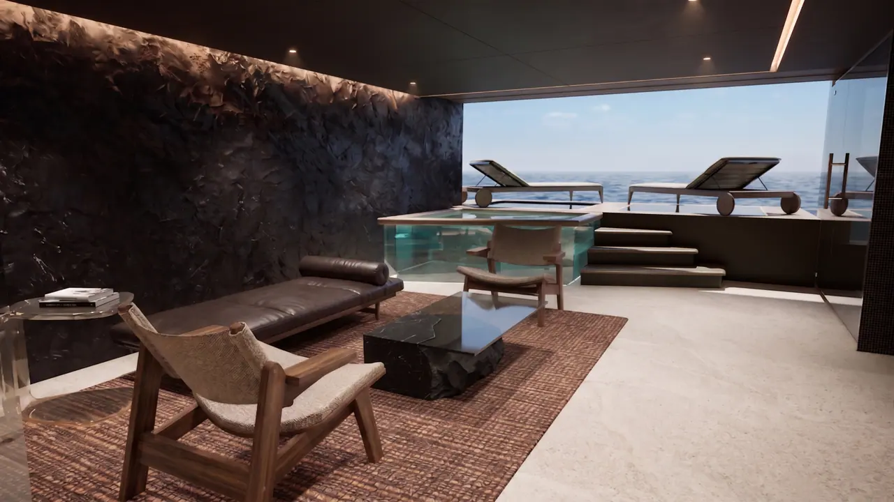 Velado wellness lounge with rock walls opening to the sea